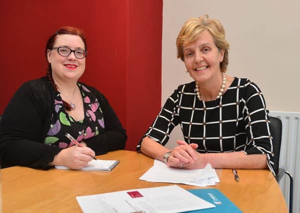 Pacemaker Press Belfast 11-04-2017: Julie-Ann Spence pictured doing the 'Big Interview' with Cheryl Lamont, Chief Ex of the Probation Board for Northern Ireland at their offices in Belfast.
Picture By: Arthur Allison; Pacemaker.