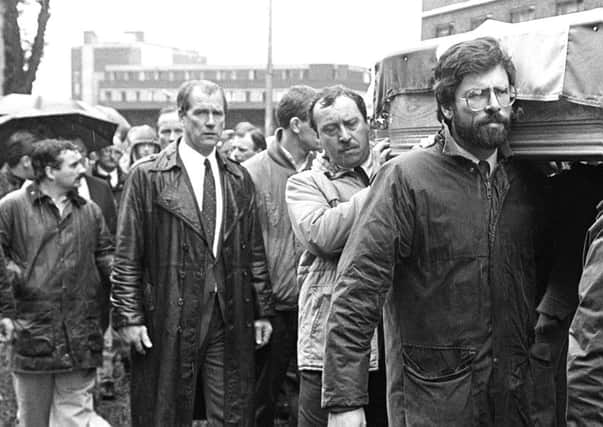 Scappaticci (far left of the picture with the moustache) at the 1988 funeral of IRA man Brendan Davison. Gerry Adams (far right) is among the pallbearers.