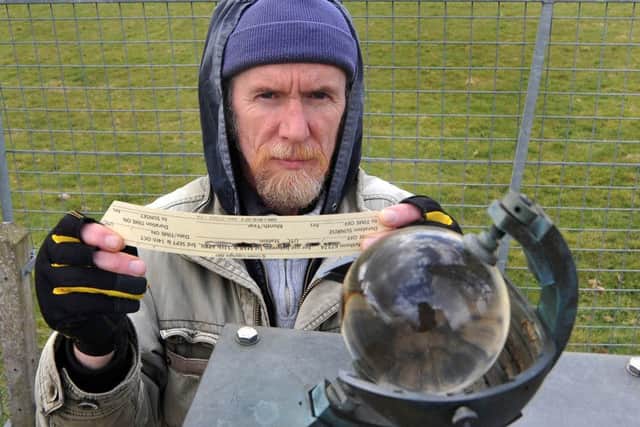 Shane Kelly of Armagh Observatory pictured in 2013 with a sunshine recorder, a 19th century device which still performs accurately today.