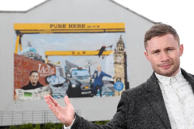 Pictured at Harps Pure Here mural launch in Hill Street is local boxing legend, Carl Frampton who has teamed up with Harp lager and artist Dean Kane from Visual Waste to unveil an iconic new piece of street art in Belfasts Cathedral Quarter, celebrating the people, sights and humour unique to the city.