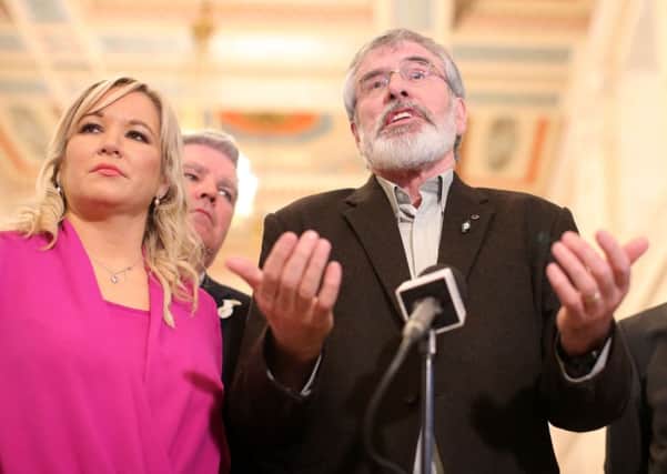 Sinn Fein President Gerry Adams with the Northern Ireland leader of the party, Michelle O'Neill. Picture by Jonathan Porter/PressEye.com