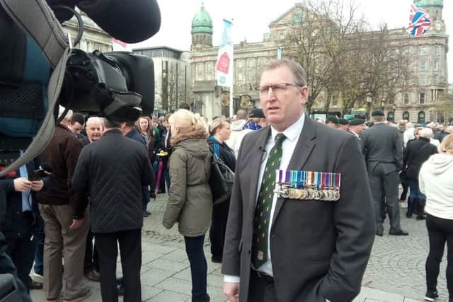 UUP MLA and military veteran Doug Beattie MC at the Belfast protest