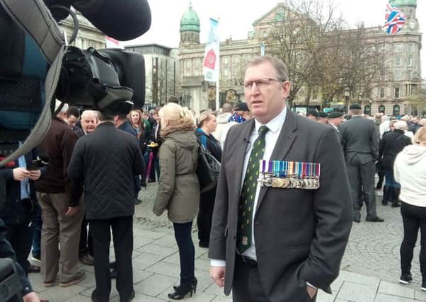 UUP MLA and military veteran Doug Beattie MC at the Belfast protest