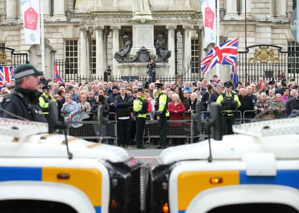 Hundreds of military veterans and their supporters at the 14 April rally at Belfast City Hall. Photo: Kelvin Boyes / Press Eye.