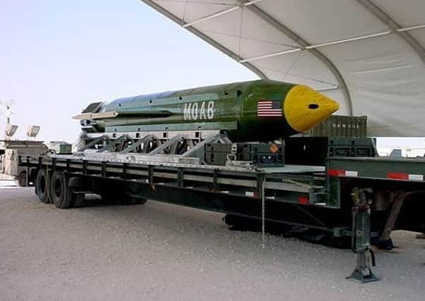 The GBU-43/B Massive Ordnance Air Blast bomb. US forces in Afghanistan dropped the military's largest non-nuclear bomb on an Islamic State target in Afghanistan. A Pentagon spokesman said it was the first-ever combat use of the bomb, known as the GBU-43, which contains 11 tons of explosives. The Air Force calls it the Massive Ordnance Air Blast bomb. Based on the acronym, it has been nicknamed the "Mother Of All Bombs." (Eglin Air Force Base via AP)