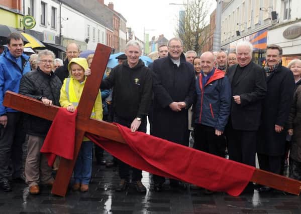 Lisburn City Centre Clergy pictured prior to the Good Friday carrying of the cross walk of witness in Lisburn.  L to R:  Rev David Turtle (Trinity Methodist), Rev Mervyn Ewing (Seymour Street Methodist), Rev Dr Allen Sleith (Hillsborough Presbyterian Church), Rev Canon Denise Acheson (Lisburn Cathedral Assistant Minister), Very Rev Sam Wright (Lisburn Cathedral), Rt Rev Dr Frank Sellar (Moderator of the General Assembly), Rt Rev Alan Abernethy (Bishop of Connor), Father Dermot McCaughan (St Patricks) and Rev John Brackenridge (First Lisburn Presbyterian).