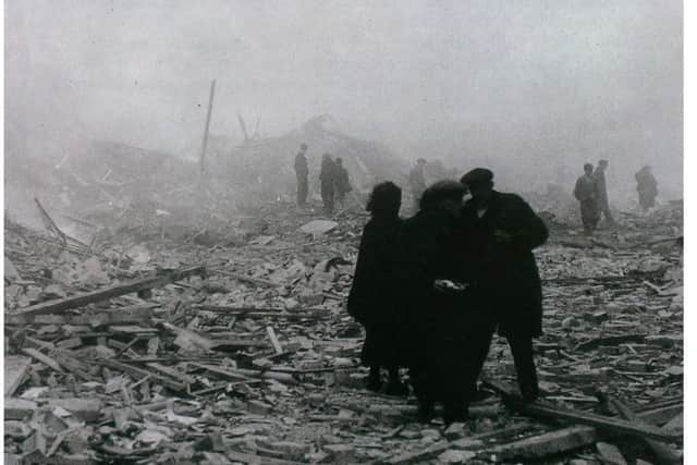 An image of the Belfast Blitz aftermath (taken from the image on the cover of 'The Belfast Blitz - The City in the War Yeats' by Brian Barton). While almost 1,000 people were killed in the worst night of the 1941 blitz, approximately a quarter of the number killed over the entirety of the later Troubles, it was nonetheless a minor event compared to the devastation in cities such as Dresden and Hiroshima and Nagasaki