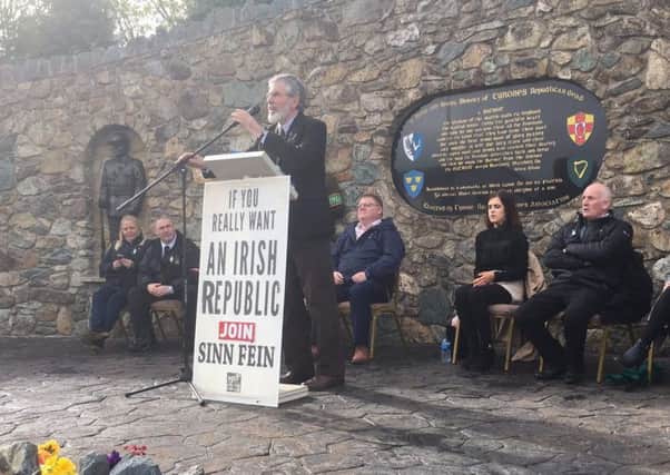 Gerry Adams addresses an Easter commemoration event in Carrickmore, Co Tyrone