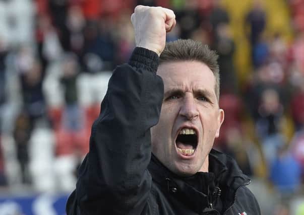 Crusaders manager Stephen Baxter in celebration on Saturday. Pic by PressEye Ltd.