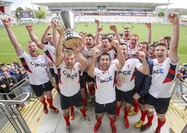 Malone captain Darryl Maxwell celebrates with his team after they won the 2017 McCrea Cup Final between Cooke and Malone 2s at kingspan Stadium, Ravenhill Park, Belfast, Northern Ireland. Photograph by John Dickson | www.dicksondigital.com