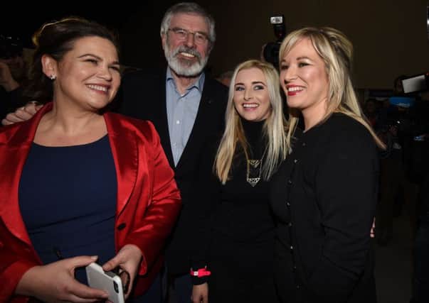 'Triumphalist crew': Gerry Adams with, from left, Mary Lou McDonald, Orlaithi Flynn and Michelle O'Neill at the Titanic Exhibition Centre in Belfast after the party's improved Assembly election result.
Photo Colm Lenaghan/Pacemaker Press. March 2017