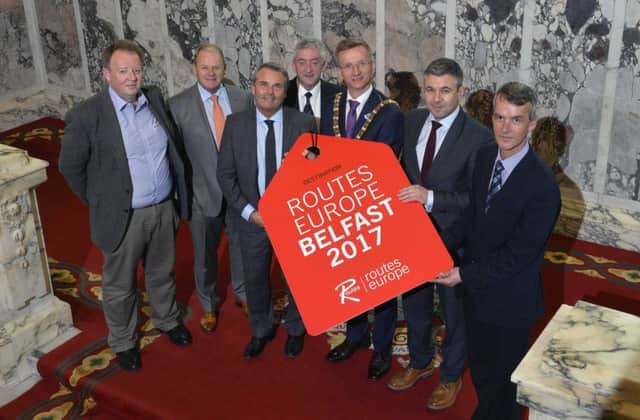 Belfast International MD Graham Keddie, left, with Belfast City CEO Brian Ambrose, Steven Small, Routes Europe, Tourism NI CEO John McGrillen, Lord Mayor Brian Kingston, Andrew Williams of UBM and Peter Harbinson, Invest NI