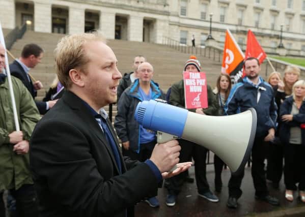 Steven Agnew MLA, leader of The Green Party, at a 2015 rally at Stormont