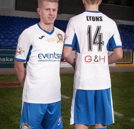 Coleraine stars Brad Lyons and Lyndon Kane show off the specially commissioned Irish Cup Final playing strip.

Â©2017Derek Simpson: www.sportfile.co.uk