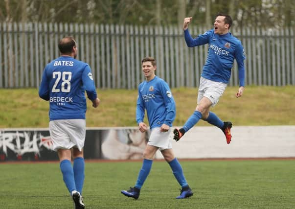 Celebration time for Glenavon's Andy McGrory against Cliftonville. Pic by PressEye Ltd.