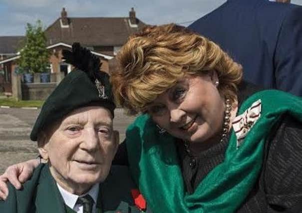Korean Veteran and RSM of the Royal Ulster Rifles, William McConnell with the Lord Lieutenant of Belfast Mrs Fonnuala Jay-O'Boyle CBEPhotographer: Mr Robbie Hodgson