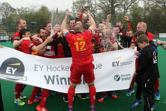 The corks are popped as Banbridge are crowned EY Hockey League champions. 
Photo by Freddie Parkinson / Press Eye