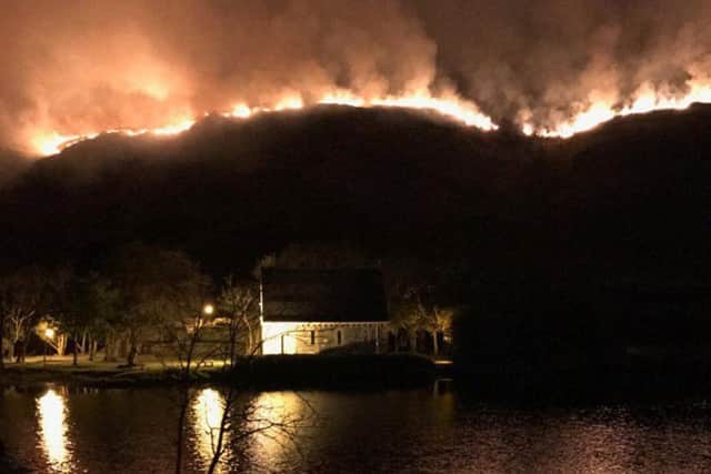 Undated handout photo courtesy of Neil Lucey of a gorse fire in Gougane Barra valley, Co Cork, which has since Saturday evening, covering some 4km (2.5 miles) at its peak and has burnt out "the entire middle section" of a scenic valley, according to a rural hotel boss.