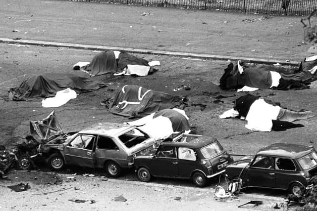 File photo dated 20/07/1982 of dead horses covered up and wrecked cars at the scene of carnage in Rotten Row, Hyde Park, after an IRA bomb exploded as the Household Cavalry was passing. John Anthony Downey will appear at at Westminster Magistrates' Court charged with the murder of four soldiers in the IRA Hyde Park bomb in 1982. PRESS ASSOCIATION Photo. Issue date: Friday May 24, 2013. See PA story COURTS HydePark. Photo credit should read: PA Wire