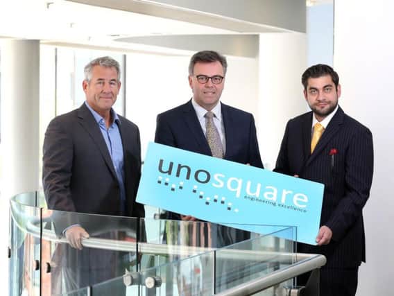 (left to right) Mike Barrett, CEO Unosquare, Alastair Hamilton, Invest Northern Ireland Chief Executive, and Giancarlo Di Vece, President, Unosquare, as the US-based software company is to create 100 new jobs in Belfast