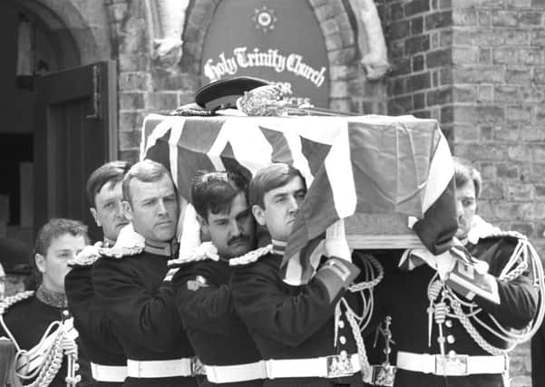 The flag-draped coffin carrying Lt Anthony Daly, the Blues and Royals officer killed in the Hyde Park bombing in 1982 which four soldiers died. Photo: PA Wire