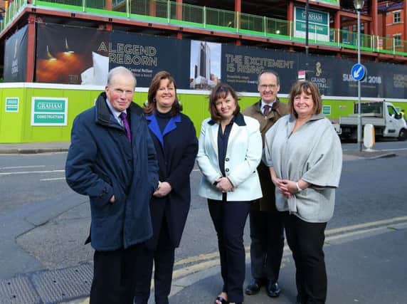 Directors of Hastings Hotels Howard Hastings, Managing Director, Allyson McKimm, Events Director, Aileen Martin, Sales Director, Julie Hastings, Marketing Director and Edward Carson, Vice-Chairman and Financial Director  unveiled a new building wrap which will be changed a regular intervals helping to tell the story of the hotel as it is being built.
