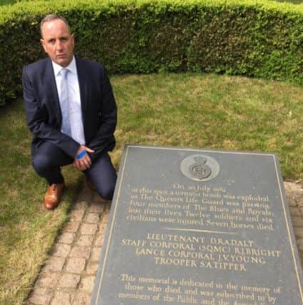 Mark Tipper at the memorial to his brother, Trooper Simon Tipper, in Hyde Park.