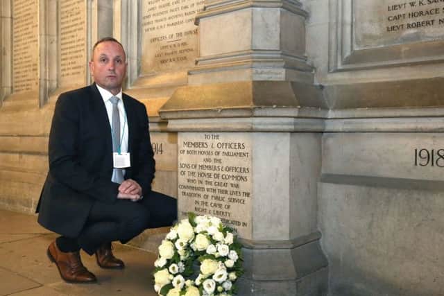 Mark Tipper, whose brother was one of the soldiers killed in the IRA bombing in Hyde Park in 1982, after laying a wreath in Westminster Hall in London at the launch of a campaign to raise funds to bring a case against "chief suspect" John Downey. PRESS ASSOCIATION Photo. Picture date: Tuesday April 25, 2017. See PA story POLITICS HydePark. Photo credit should read: Philip Toscano/PA Wire