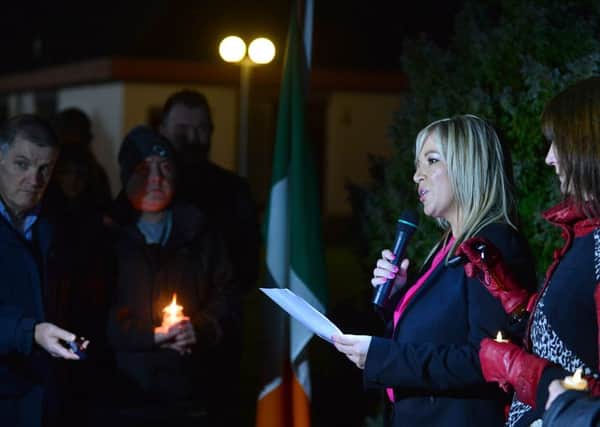 Sinn Fein leader at Stormont Michelle ONeill addresses a crowd at Clonoe Church in Coalisland to mark the 25th anniversary of the death of four IRA men at the hands of the SAS. 
Picture by: Arthur Allison/Pacemaker Press