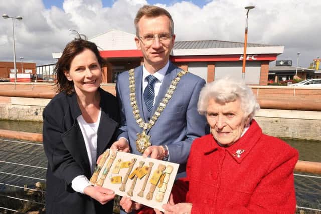 Wendy Langham, Programme Manager Connswater Community Greenway, Lord Mayor of Belfast Alderman Brian Kingston and Lily Hutchinson, 92 who worked at the Belfast Rope Works Company, at the opening to the public of the final section of the Connswater Community Greenway