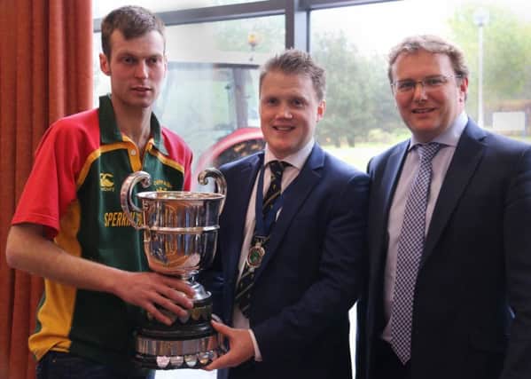 Ulster Young Farmer of the Year winner James McKay YFC, Cappagh YFC pictured with Mark Forsythe from sponsor Danske Bank and YFCU president, James Speers