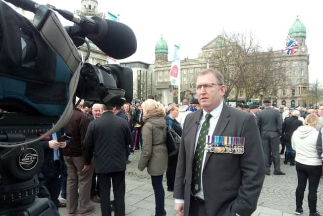 Captain Doug Beattie, at a recent rally in support of veterans in Belfast city centre
