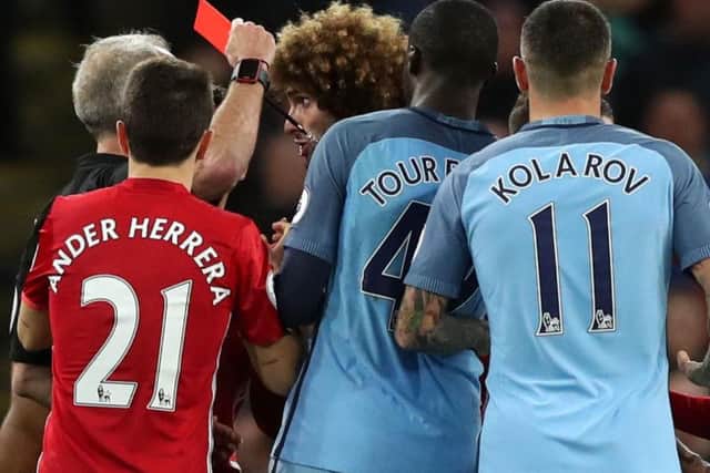 Manchester United's Marouane Fellaini was sent off in the derby