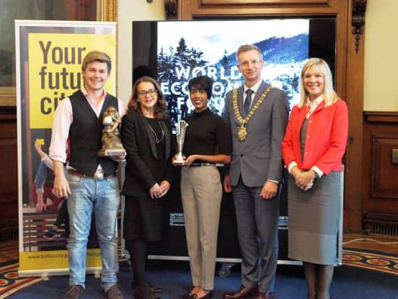 Pictured at City Hall are, from left, Kain Craigs, Belfast Global Shapers, Jackie Henry, Deloitte, Sheree Atcheson, Women who Code, Belfast Lord Mayor Brian Kingston and Suzanne Wylie, Belfast City Council CEO