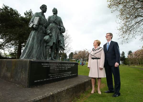 Consul General Daniel J. Lawton and Councillor Audrey Wales MBE visited a memorial to the ship's passengers, who left Larne back in 1717 in search of new lives, thousands of miles from home. Photo by Kelvin Boyes Press Eye.