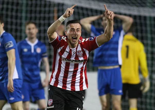 Derry's Aaron McEneff celebrates his equalising goal against St Patrick's Athletic at Maginn Park.