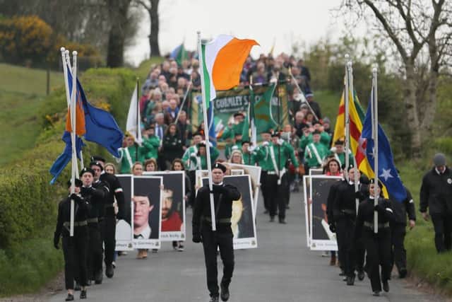Marchers at the Loughgall IRA commemoration on Sunday evening