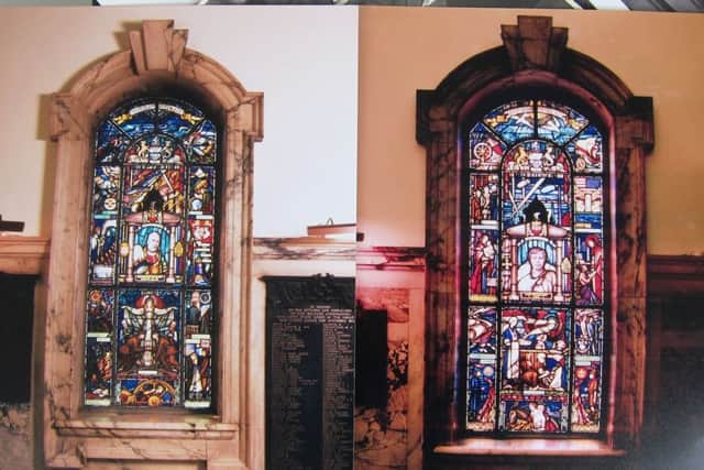 Stained glass windows in Belfast City Hall, the first of them honouring Sir Crawford McCullagh in its centre (former Lord Mayor of the city), the second one honouring Lady McCullough in its centre.
