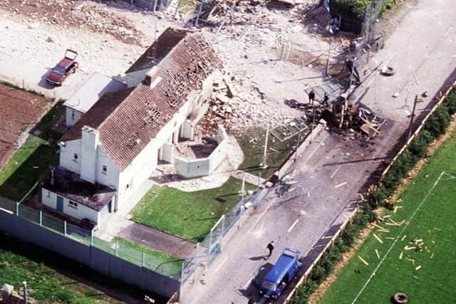 Hypocrisy of Sinn Fein, talking about moving on from the past when keeping alive events such as Loughgall, above. An aerial view of Loughgall RUC station after the IRA attack on it in 1987