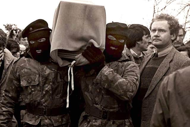 Martin McGuinness, seen here at an republican funeral in 1988, told a whopper of a lie over leaving the IRA in 1974