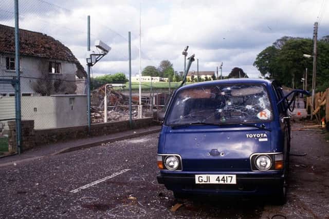 The bullet riddled Toyota Hiace van used by the IRA gang that attacked Loughgall RUC station in Co Armagh on May 8, 1987