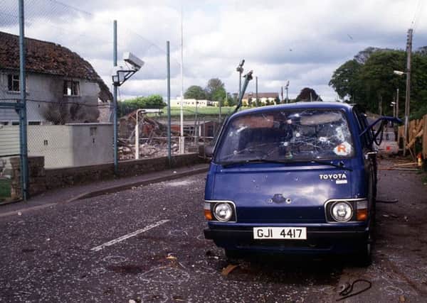 The bullet riddled Toyota Hiace van used by the IRA gang that attacked Loughgall RUC station in Co Armagh on May 8, 1987