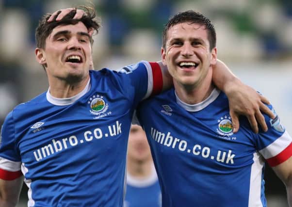 Linfield's Mark Haughey (right) and Jimmy Callacher are out to seal a double. Pic: PressEye