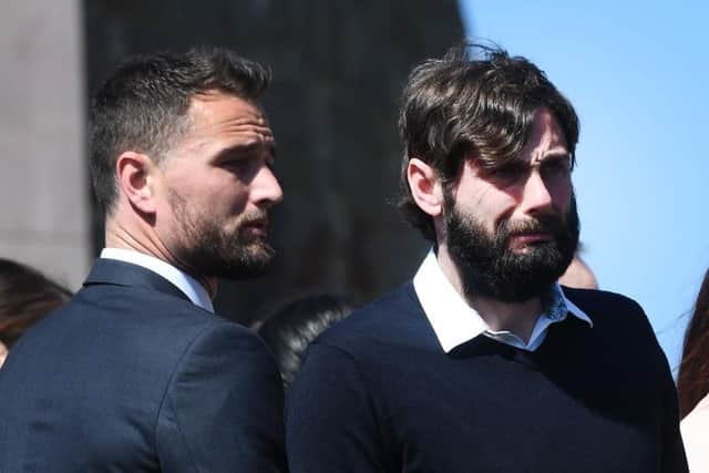 Pacemaker Press 5/5/2017
Glenavon Manager Gary Hamiliton  and Goalkeeper Jonathan Tuffey  during the funeral of former Glenavon Footballer Tony Scappaticci  at St Therese's Church in Banbridge on Friday. The 48-year-old father-of-three, who starred for Glenavon and Newry City, died at his home in Banbridge on Monday.
Pic Colm Lenaghan/Pacemaker