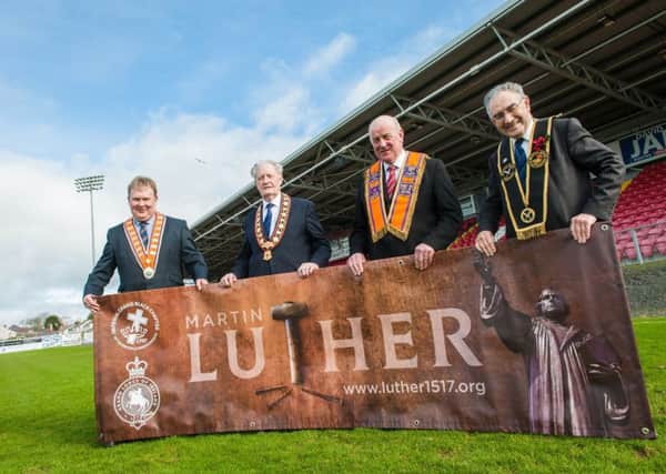 PIctured at Shamrock Park in Portadown ahead of Saturday's rally are (from left) Orange Order Deputy Grand Master, Harold Henning; Royal Black Sovereign Grand Master, Millar Farr; Orange Order Grand Master, Edward Stevenson; and Royal Black Grand Registrar, Billy Scott
