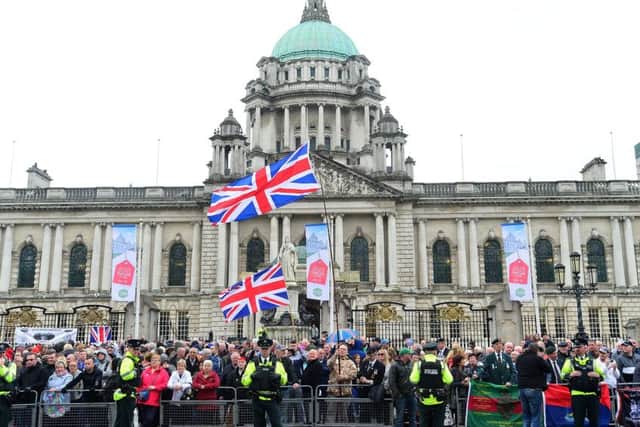 Military veterans of Northern Ireland hold a rally to protest at what they say is an imbalance in prosecutions of the military over historic Troubles killings in Belfast city centre in April. 
Picture by Arthur Allison.