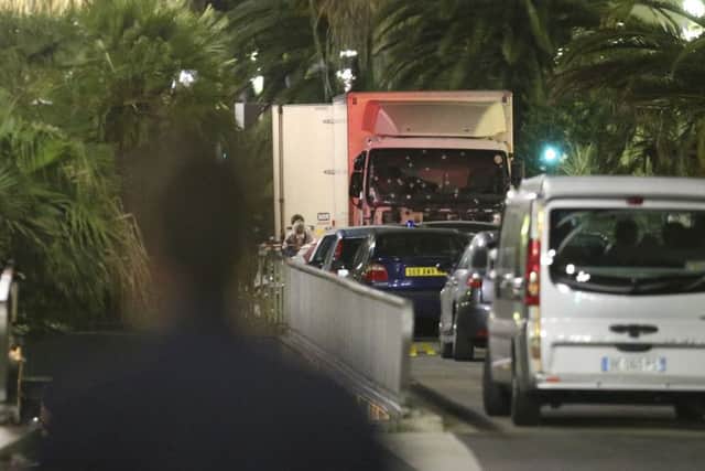 The lorry, its windscreen riddled with bullet holes, that was used to kill civilians in Nice in the summer of 2016, until police shot the driver dead (AP)