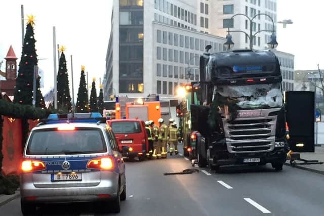 The scene after a truck ploughed into a crowded Christmas market outside the Kaiser Wilhelm Memorial Church in Berlin in December 2016. The attacker was later shot dead in Italy. Photo: Claire Hayhurst/PA Wire
