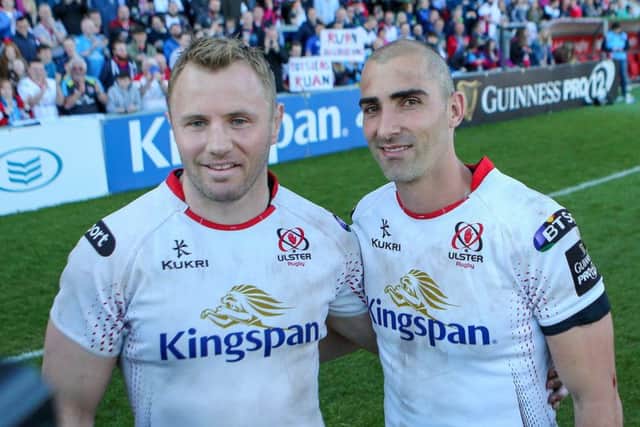 Roger Wilson and Ruan Pienaar after the final Guinness PRO12 League clash between Ulster Rugby and Leinster Rugby