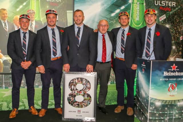 President, John McKibbin, presents Luke Marshall and Rob Herring with their 100th Caps and Chris Henry and Tommy Bowe with their 150th Caps and Roger Wilson with a special Number 8 montage during the 2017 Heineken Ulster Rugby Awards held at the Aquinas Grammar School, Belfast